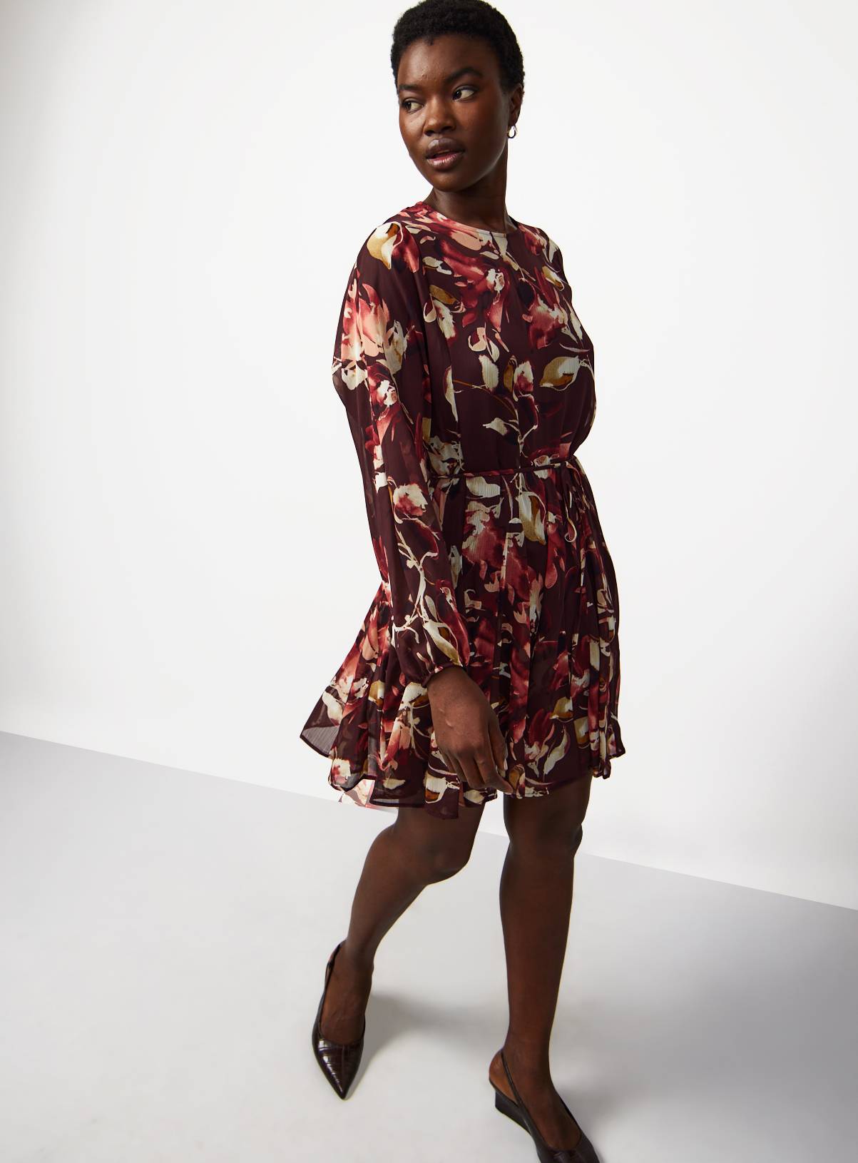 Dark Red Chiffon Skater Floral Mini Dress  8 - Image 2